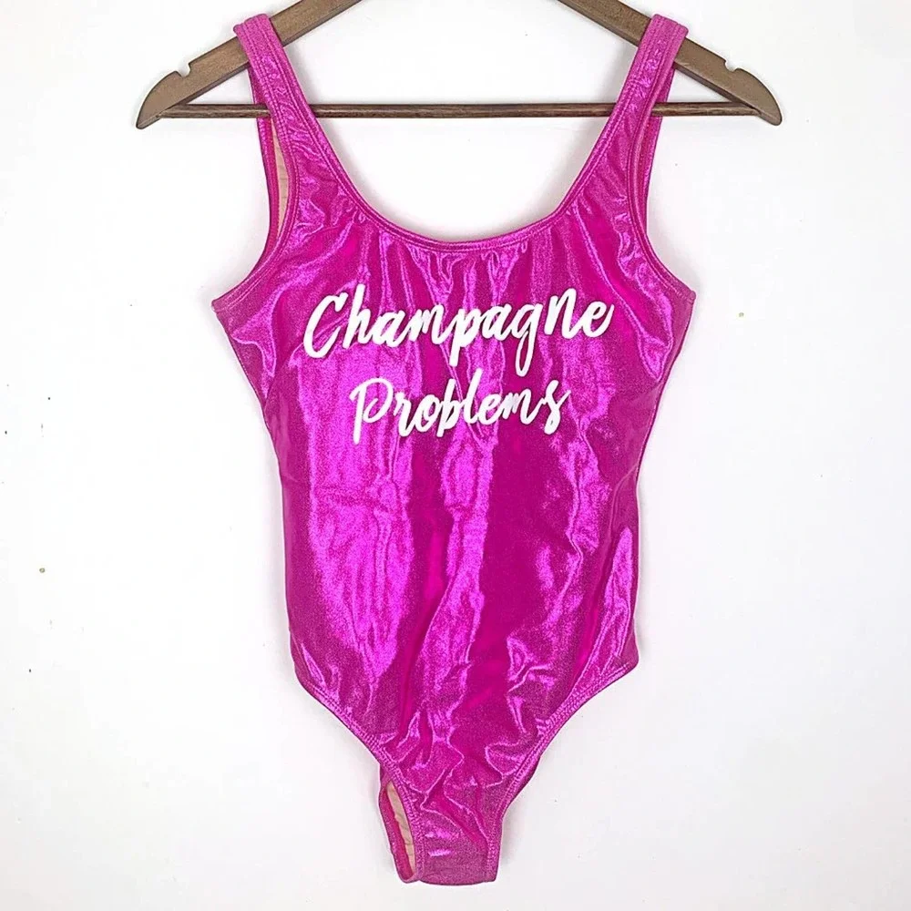 Champagne Problems Metallic Graphic Cheeky One-Piece Swimsuit in Pink - Picture 5 of 8